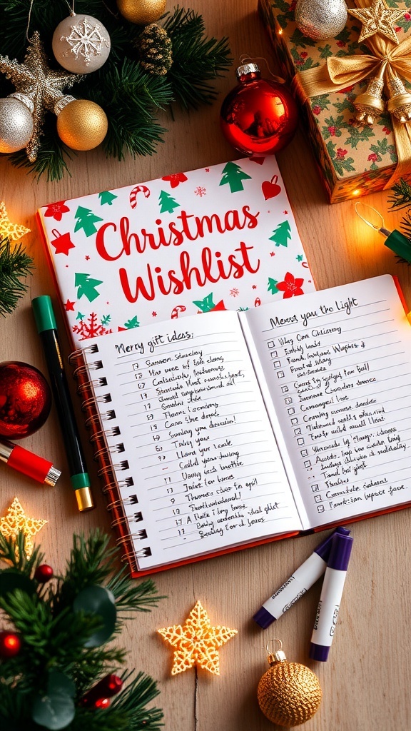 A decorated Christmas wishlist notebook with colorful cover and organized pages, surrounded by festive decorations.